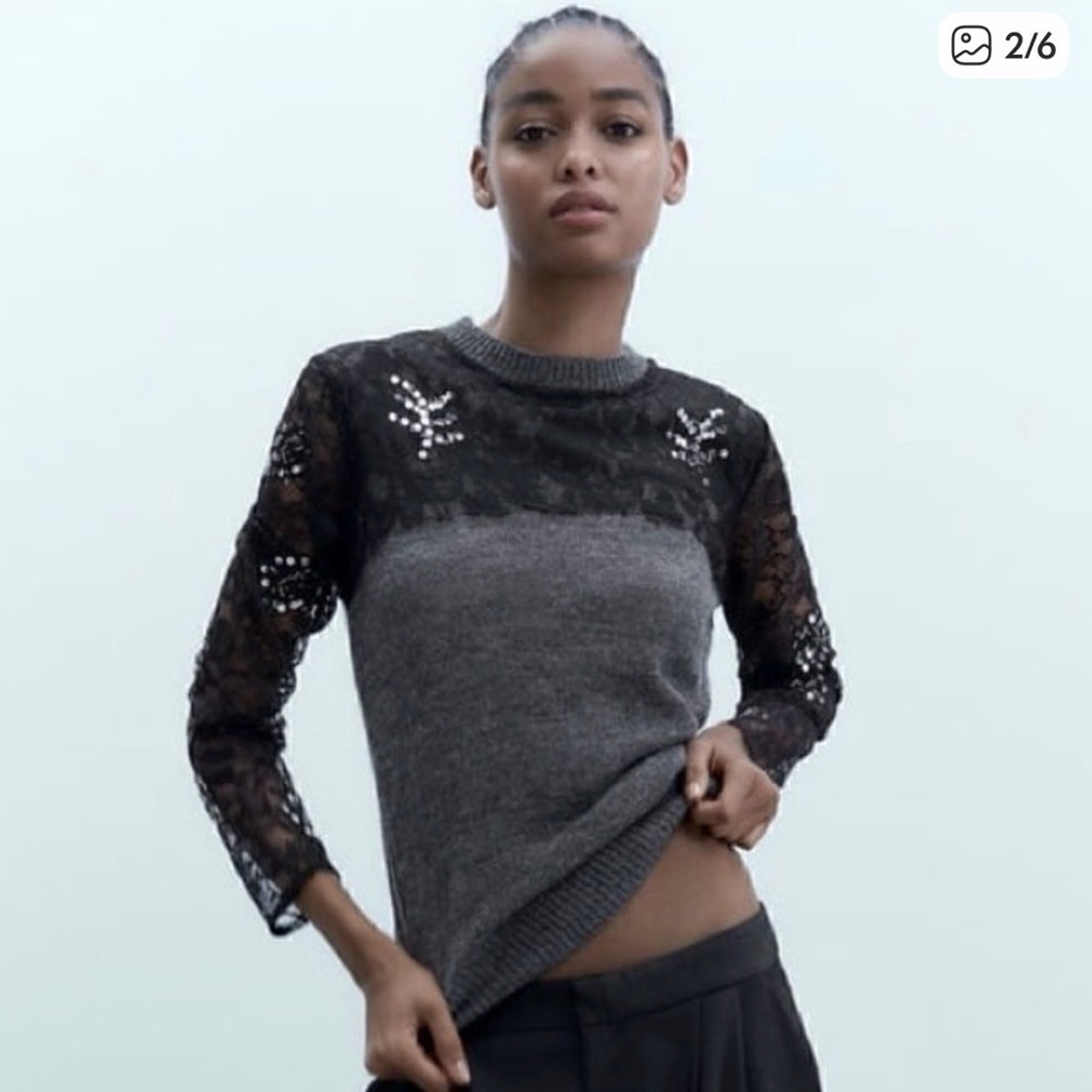 Zara Charcoal and Black Sequin Lace Sweater